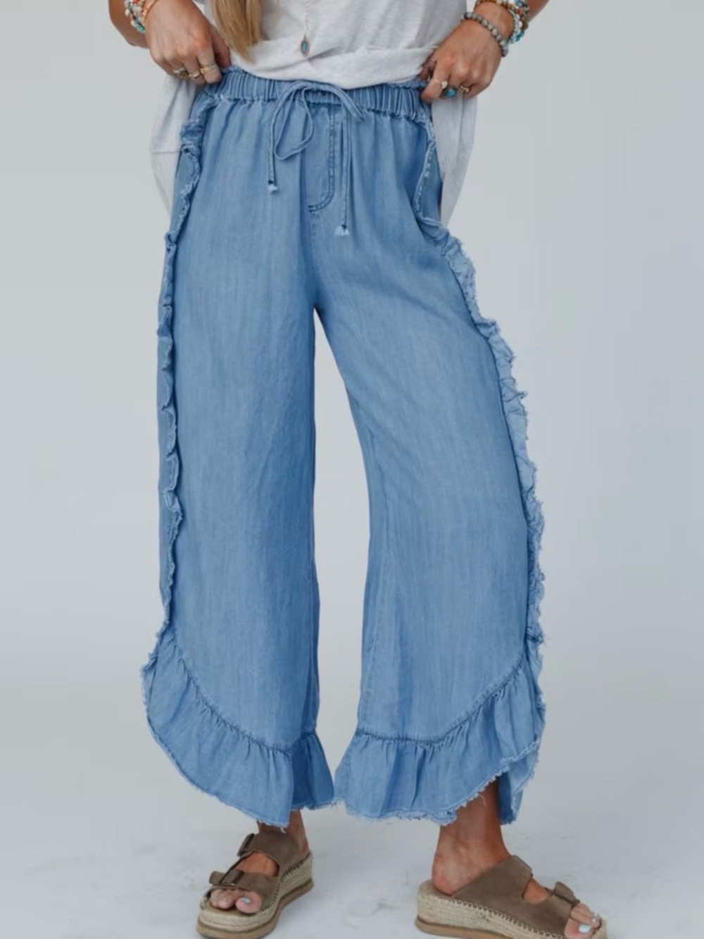 EASEL • Tencel Wide Leg Ruffle Hem Lightweight Pants • NWOT • $98